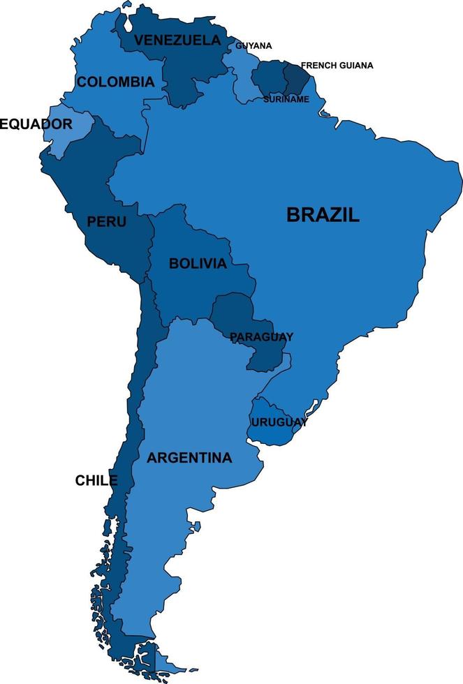 Mapa de América del Sur de contorno azul sobre fondo blanco. vector