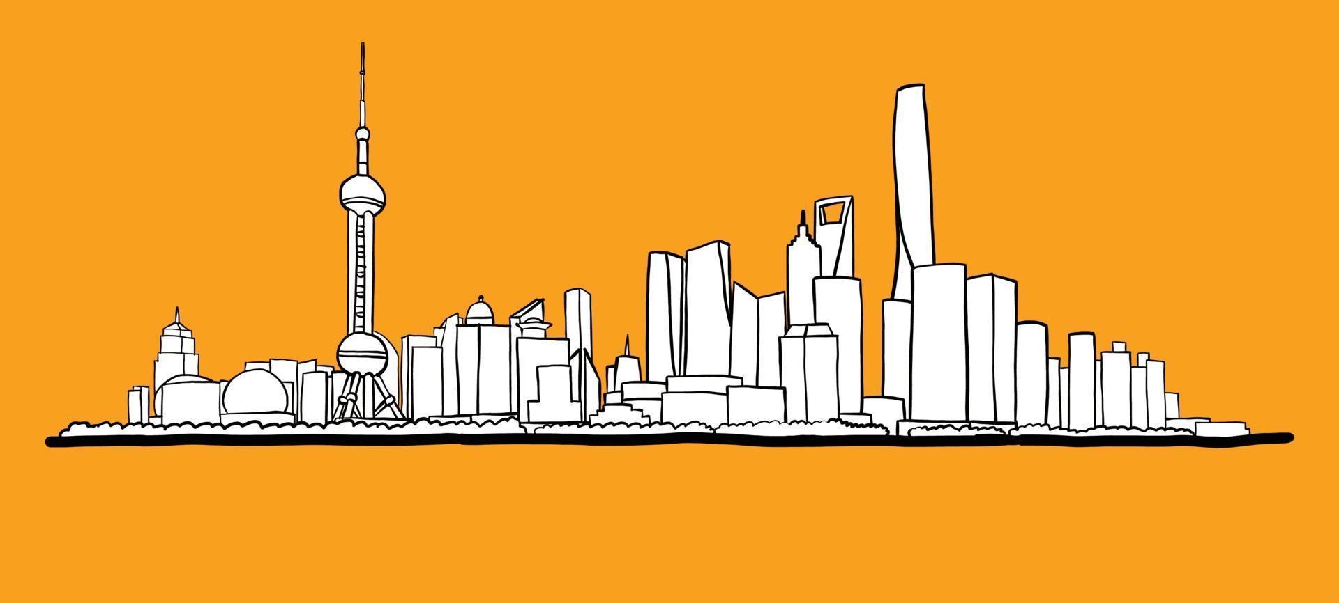 Shanghai skyline freehand drawing sketch on white background. vector