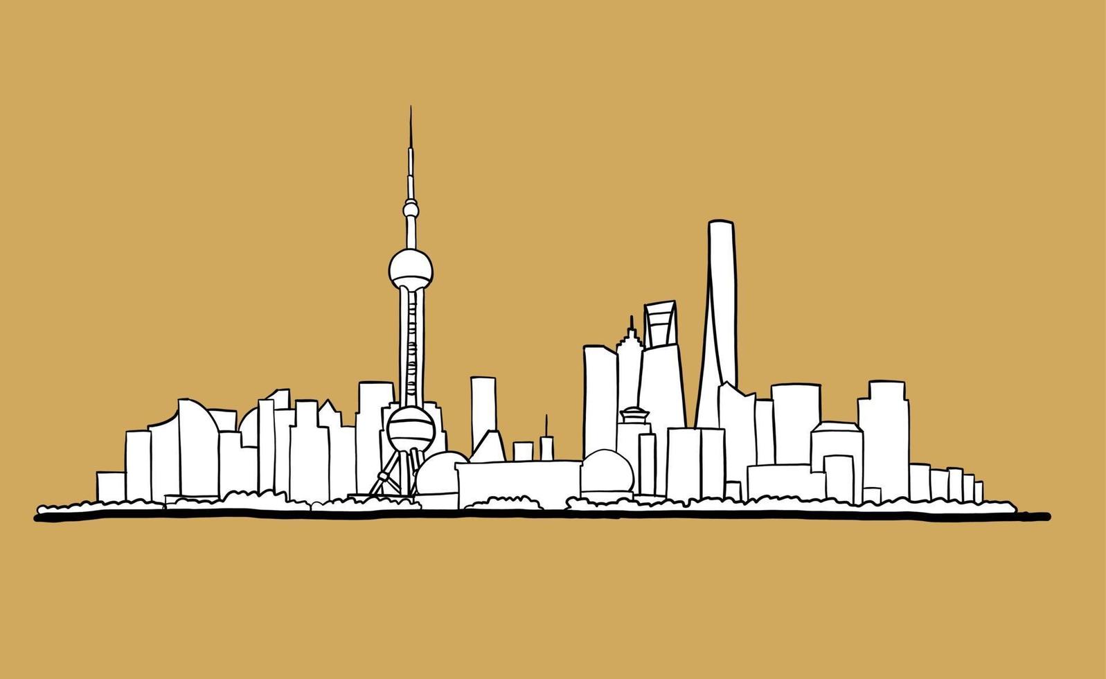 Bosquejo del dibujo a mano alzada del horizonte de Shangai en el fondo blanco. vector