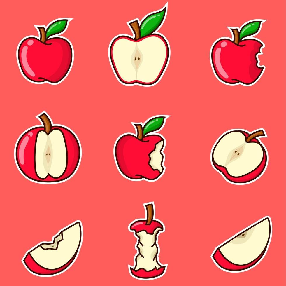 Apple set vector illustration red apple with outline sliced and bitten