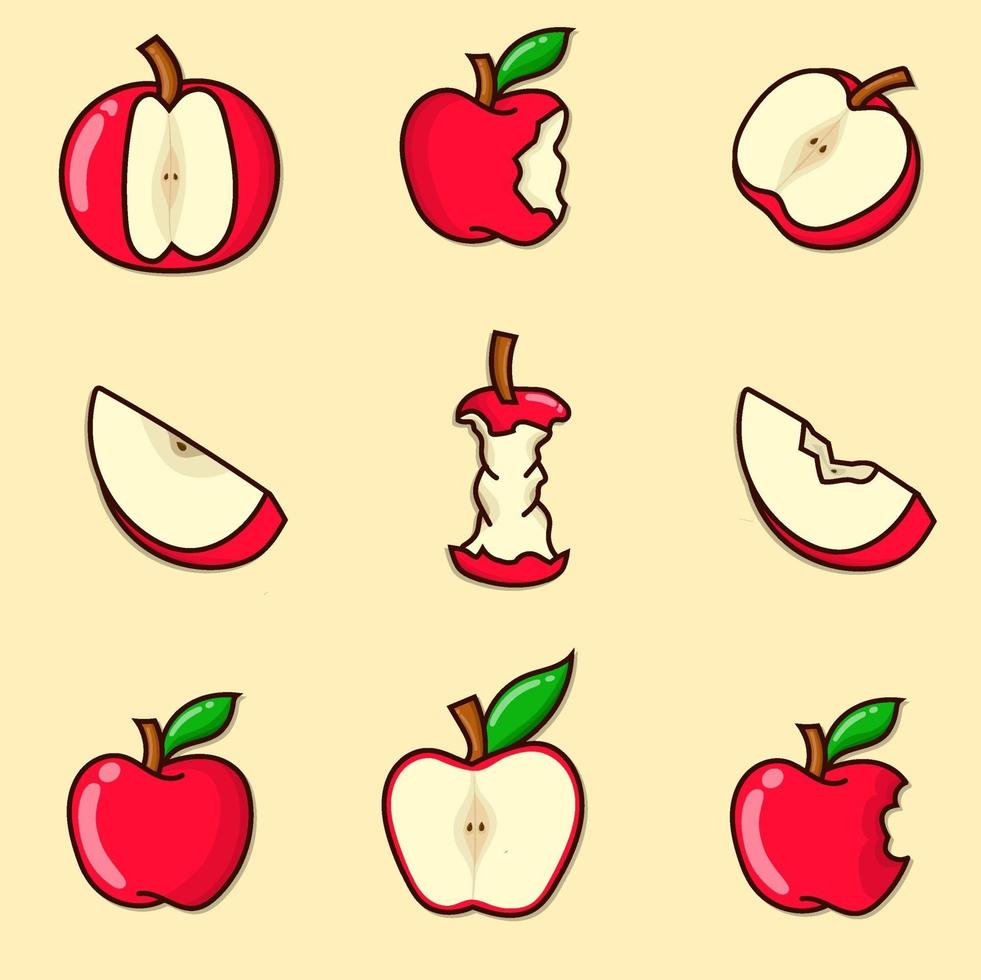 manzana, conjunto, vector, ilustración, manzana roja, con, contorno, cortado, y, mordido vector