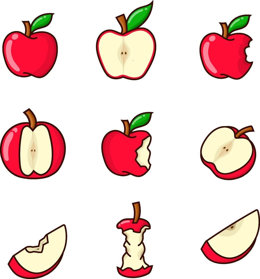 manzana, conjunto, vector, ilustración, manzana roja, con, contorno, cortado, y, mordido vector