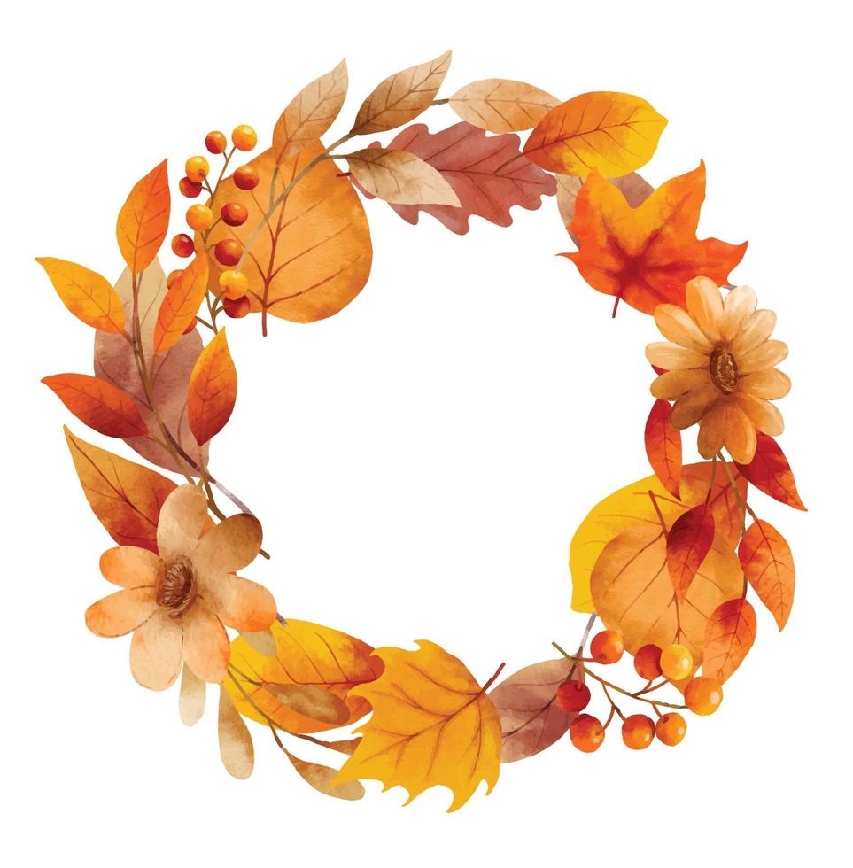 Autumn leaves watercolor wreaths and frame border. vector