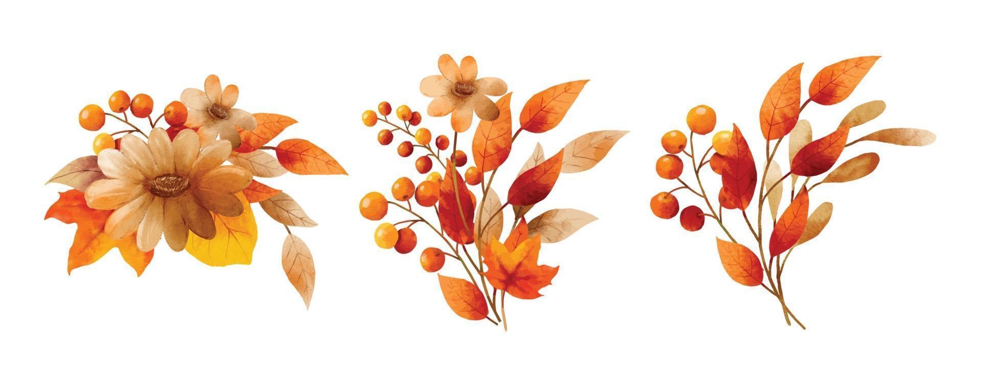 Autumn flowers bouquet in a watercolor style. Floral and leaves vector