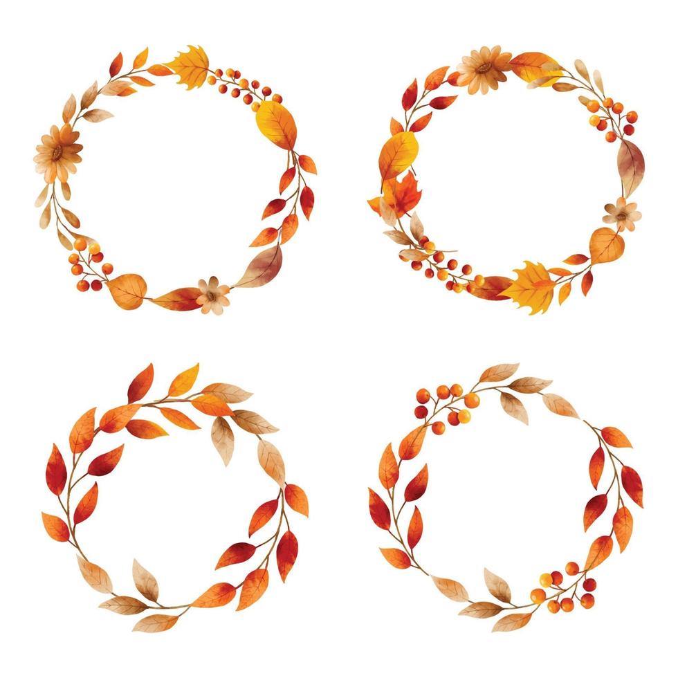 Autumn leaves watercolor wreaths and frame border. vector