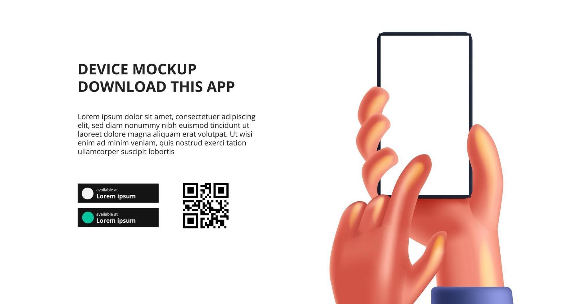 cute 3d hand holding phone mockup download this app vector