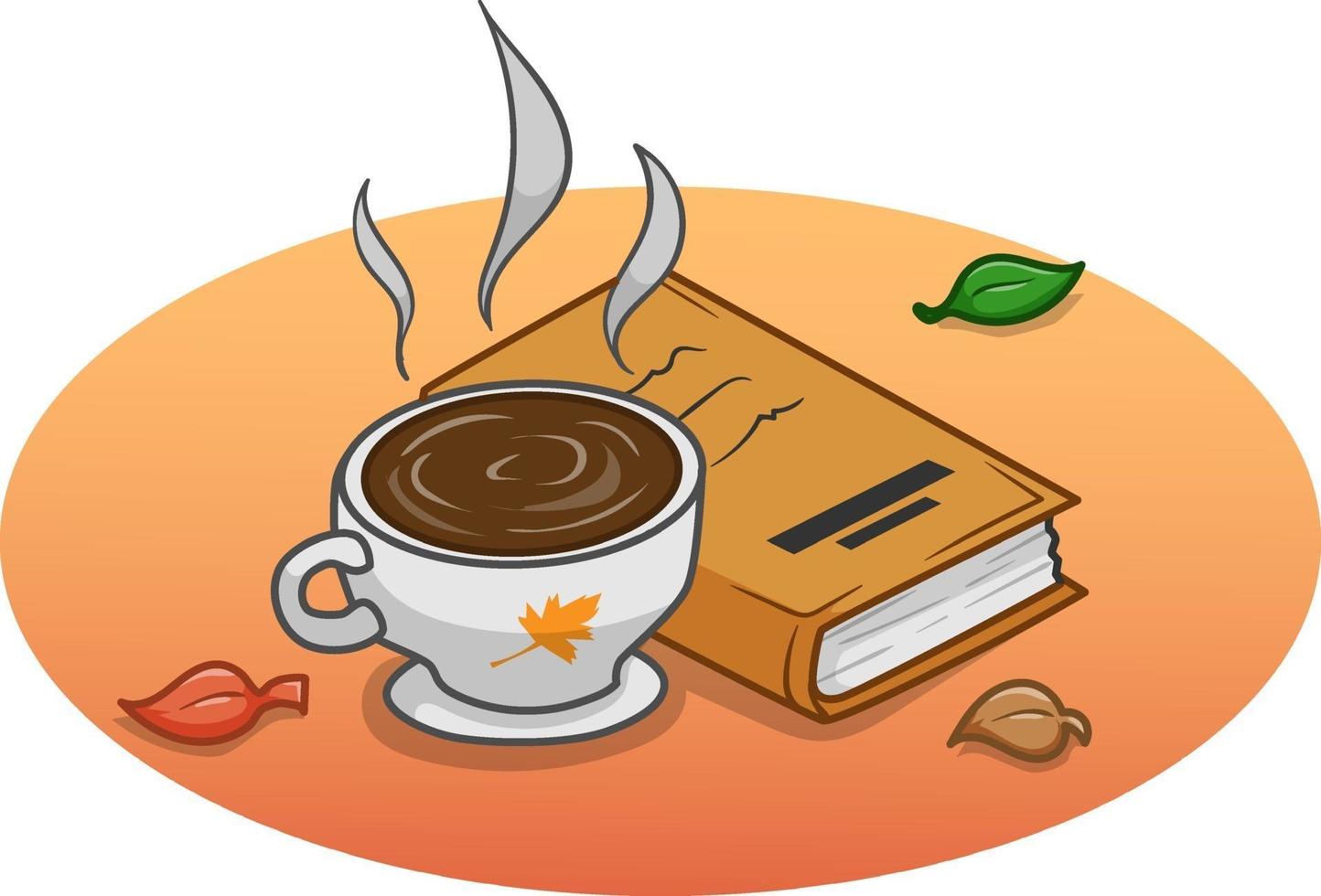 chocolate caliente y libro en otoño ilustración de dibujos animados vector