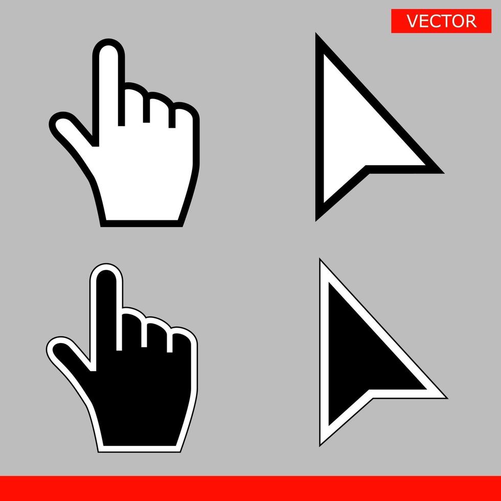 cursores de mano del ratón de píxeles y píxeles de flecha en blanco y negro vector