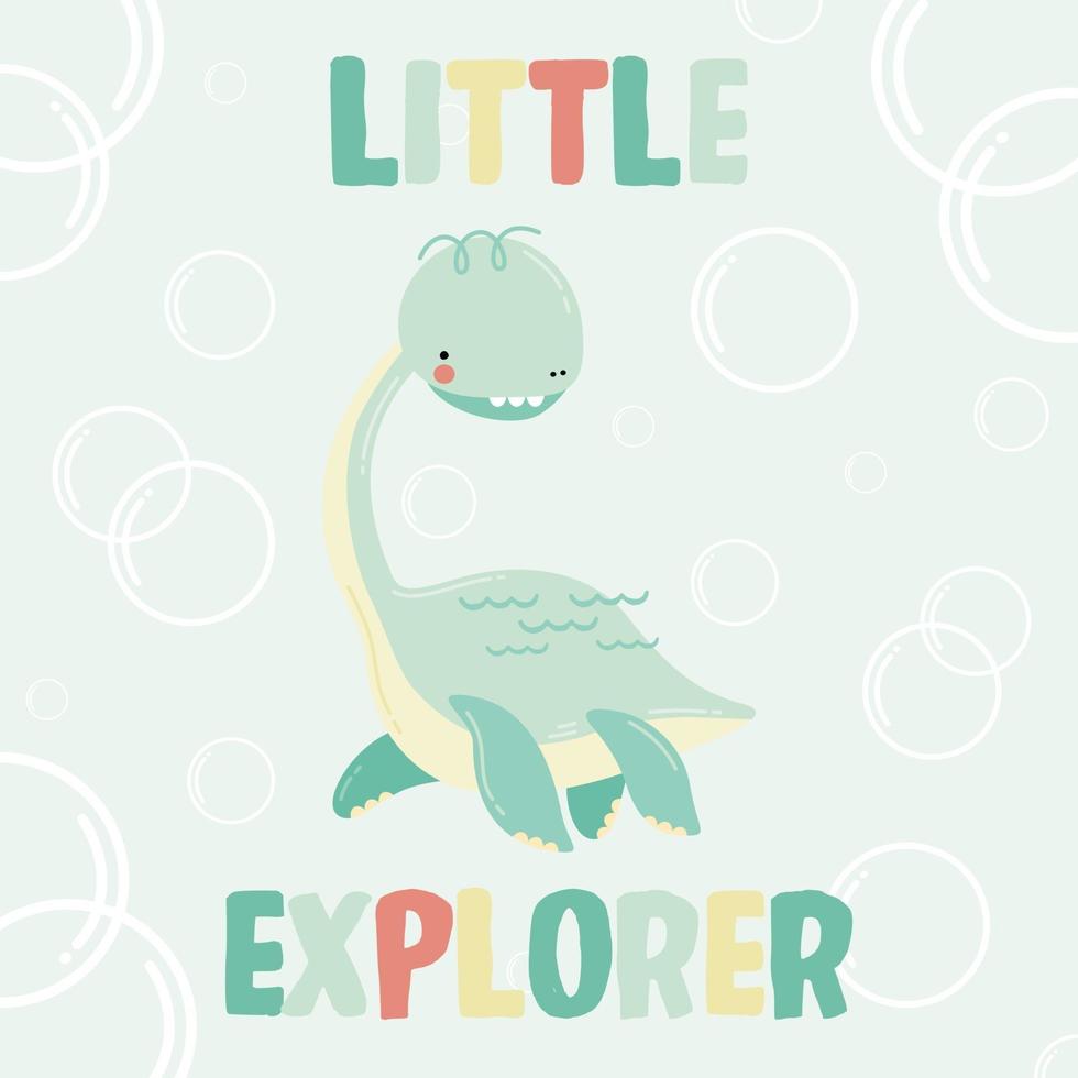 Cute little marine dinosaur vector illustration. Baby dino plesiosaur.