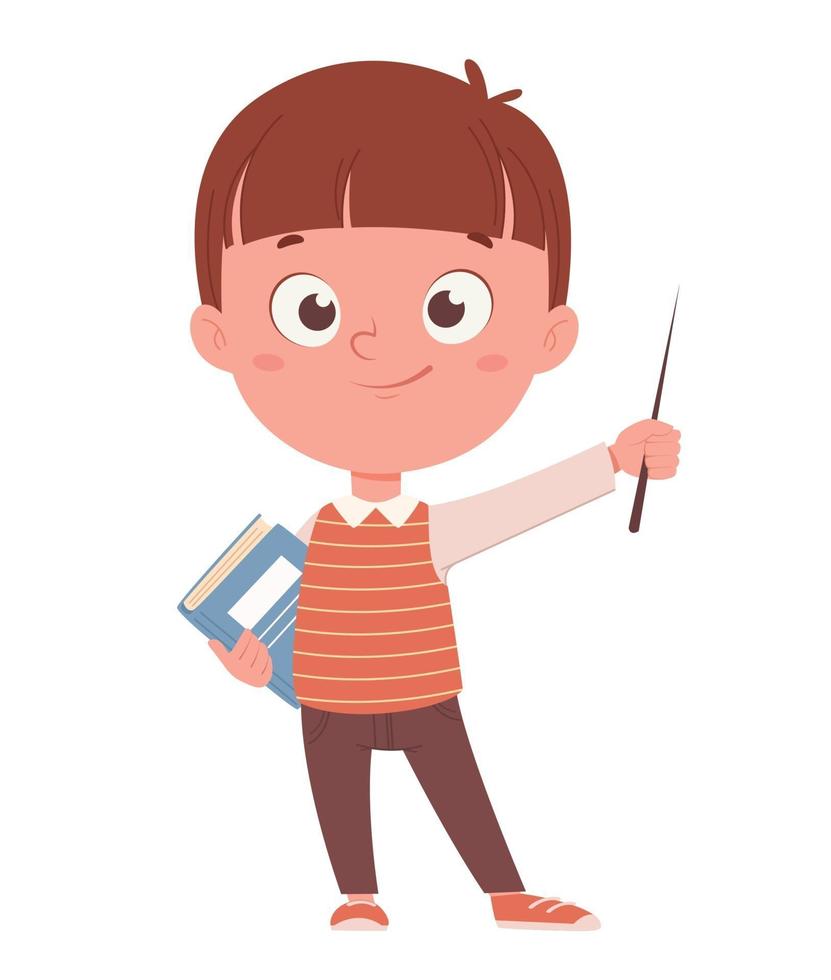 Cheerful schoolboy holding pointer and a book vector