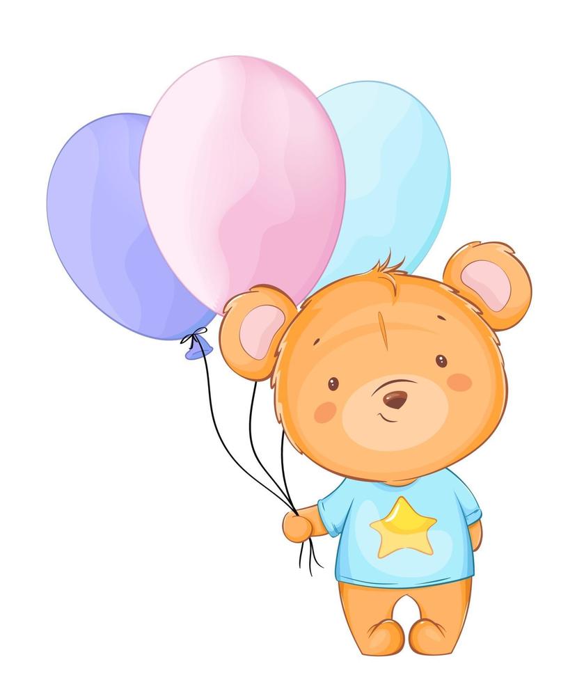 Cute little bear holding colored balloons vector