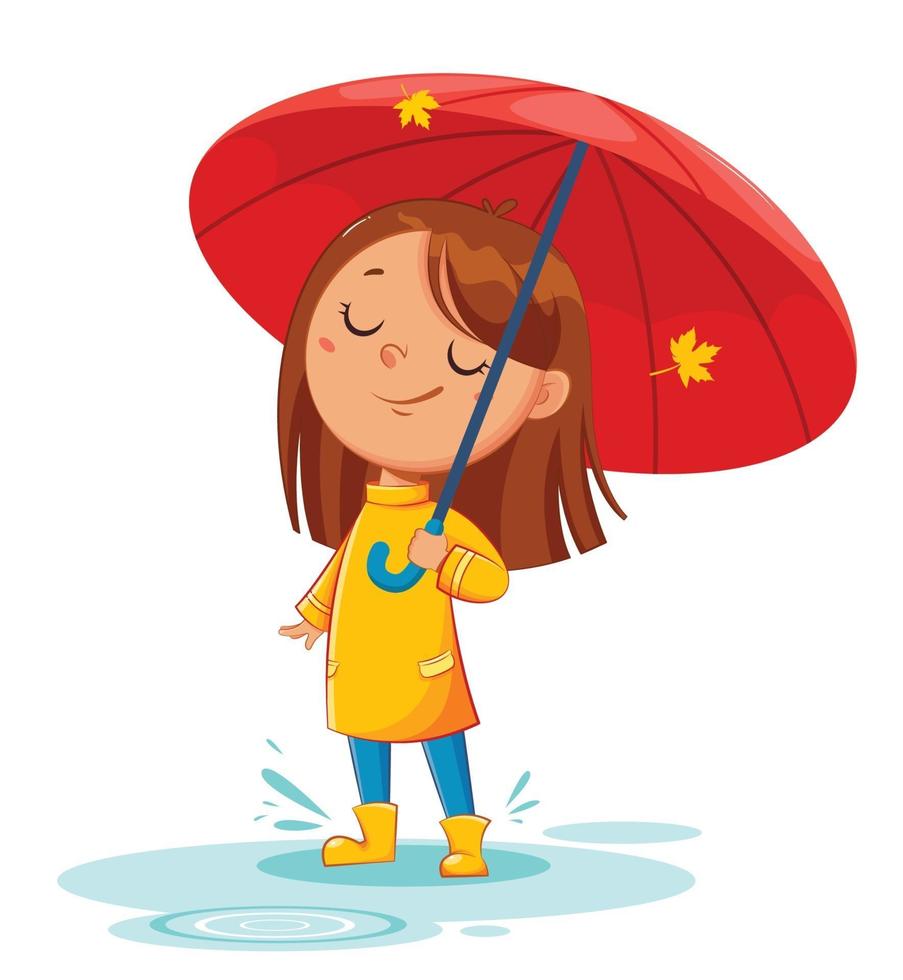 Girl in rad raincoat, rainy autumn vector