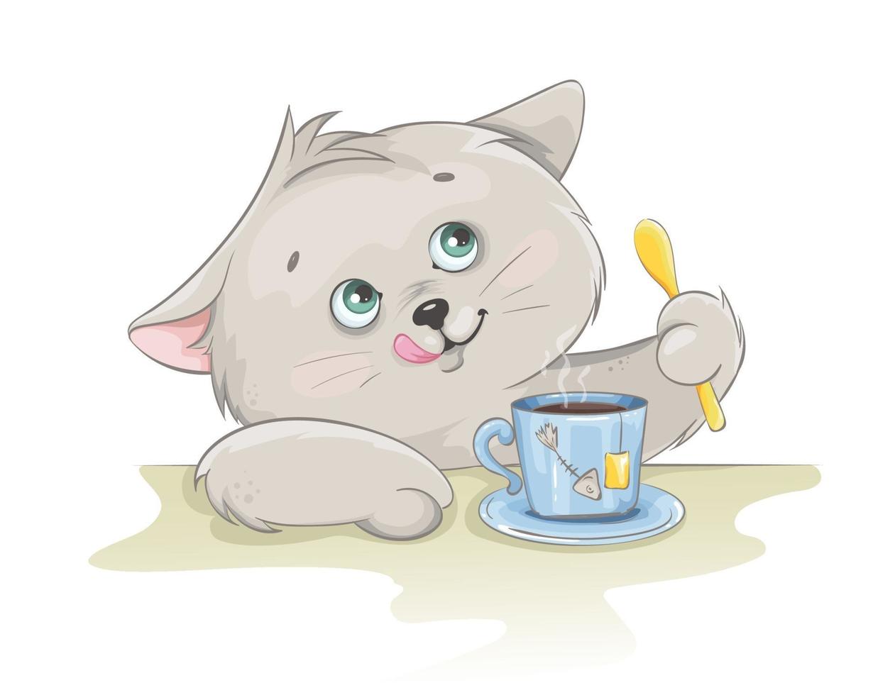 Cute kitten having a cup of tea. Funny kitten vector