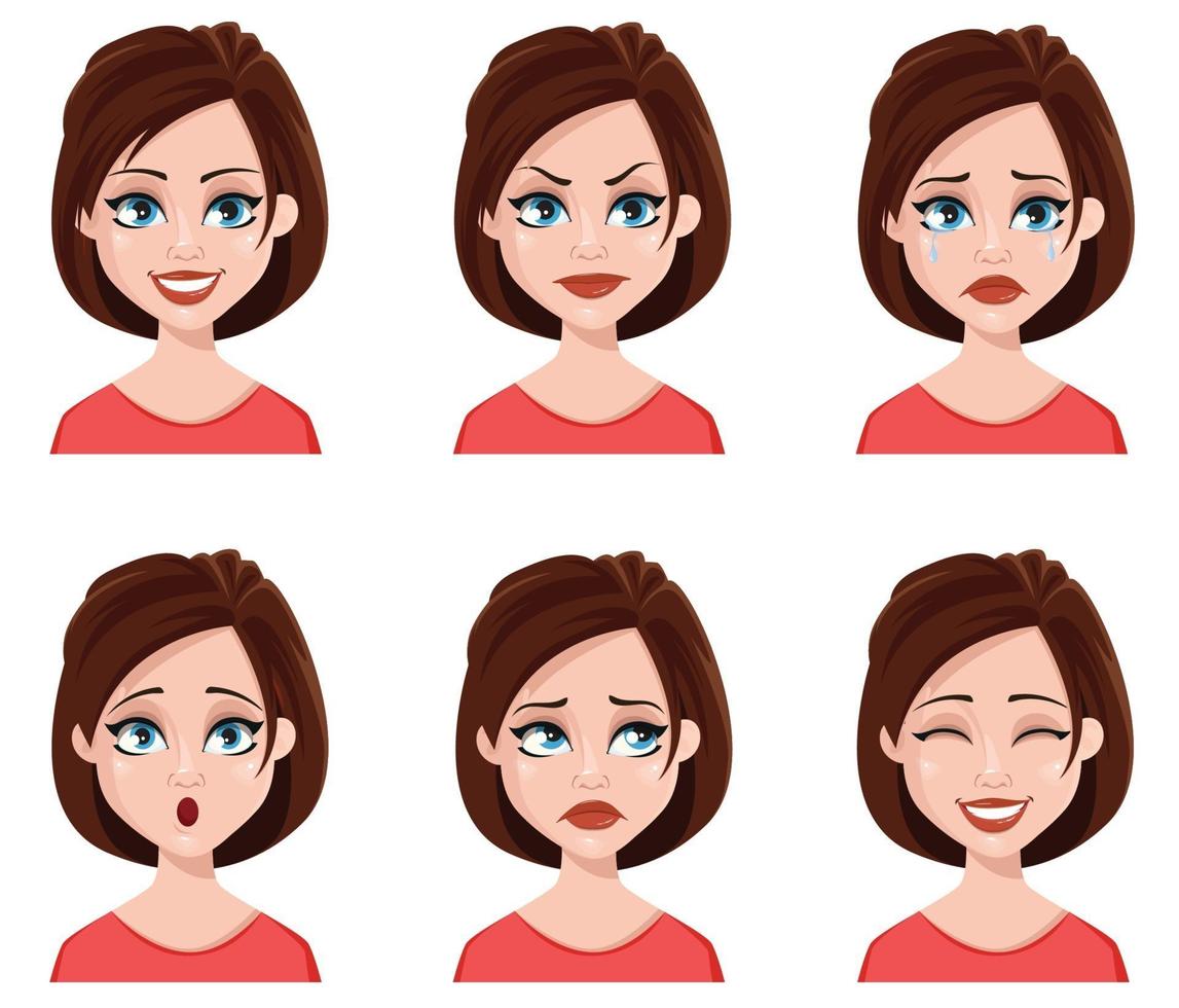 Expresiones faciales de una linda mujer. vector