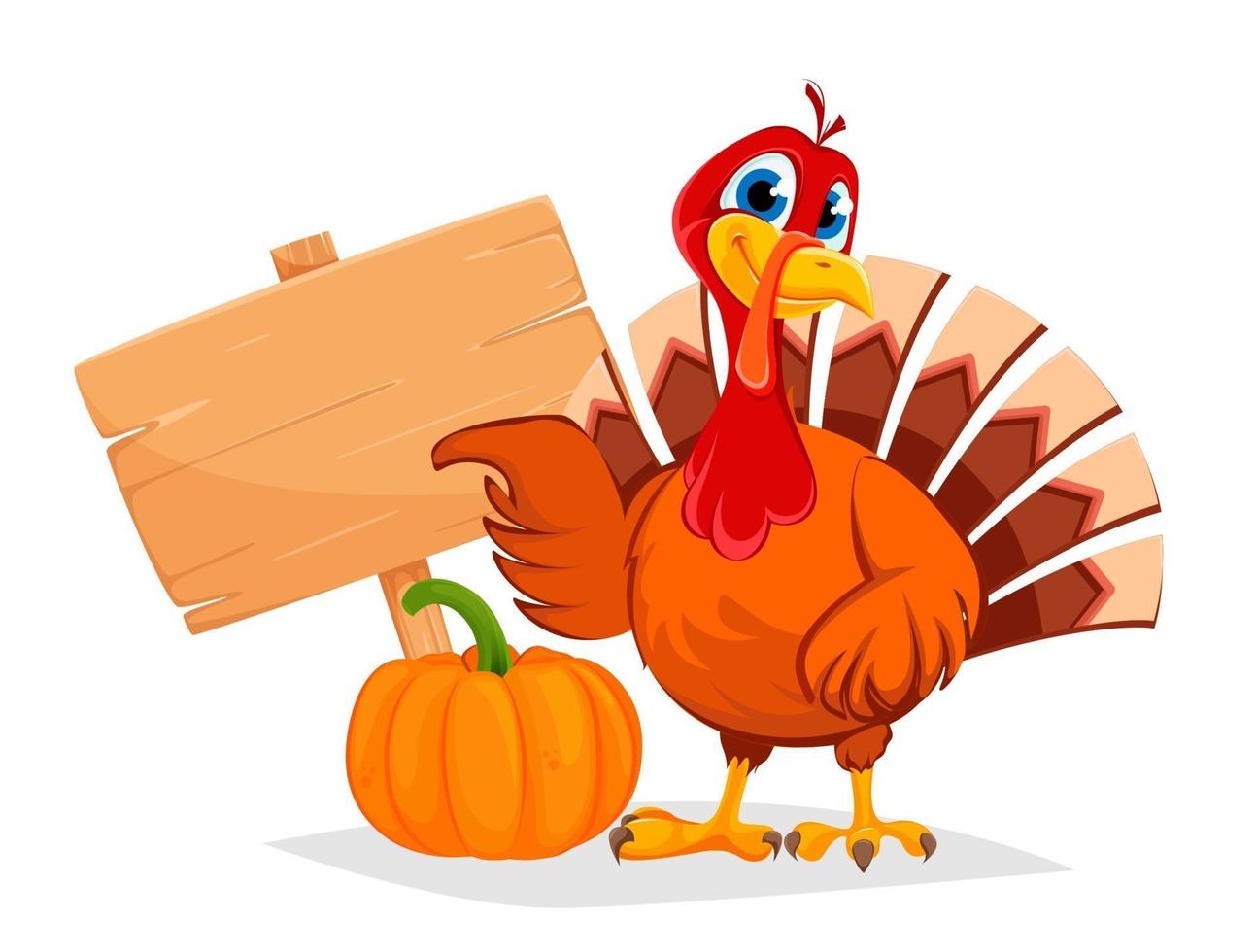 Thanksgiving turkey pointing on wooden blank sign vector