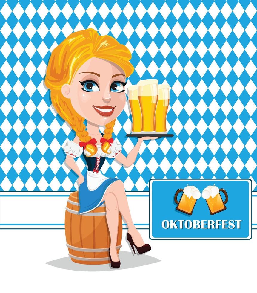 Folleto de Oktoberfest con chica pelirroja sentada en barril vector