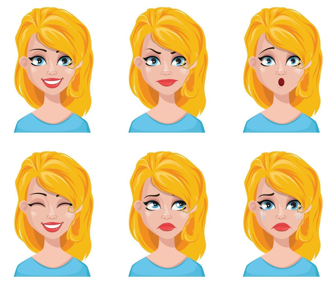 Face expressions of cute blonde woman. vector