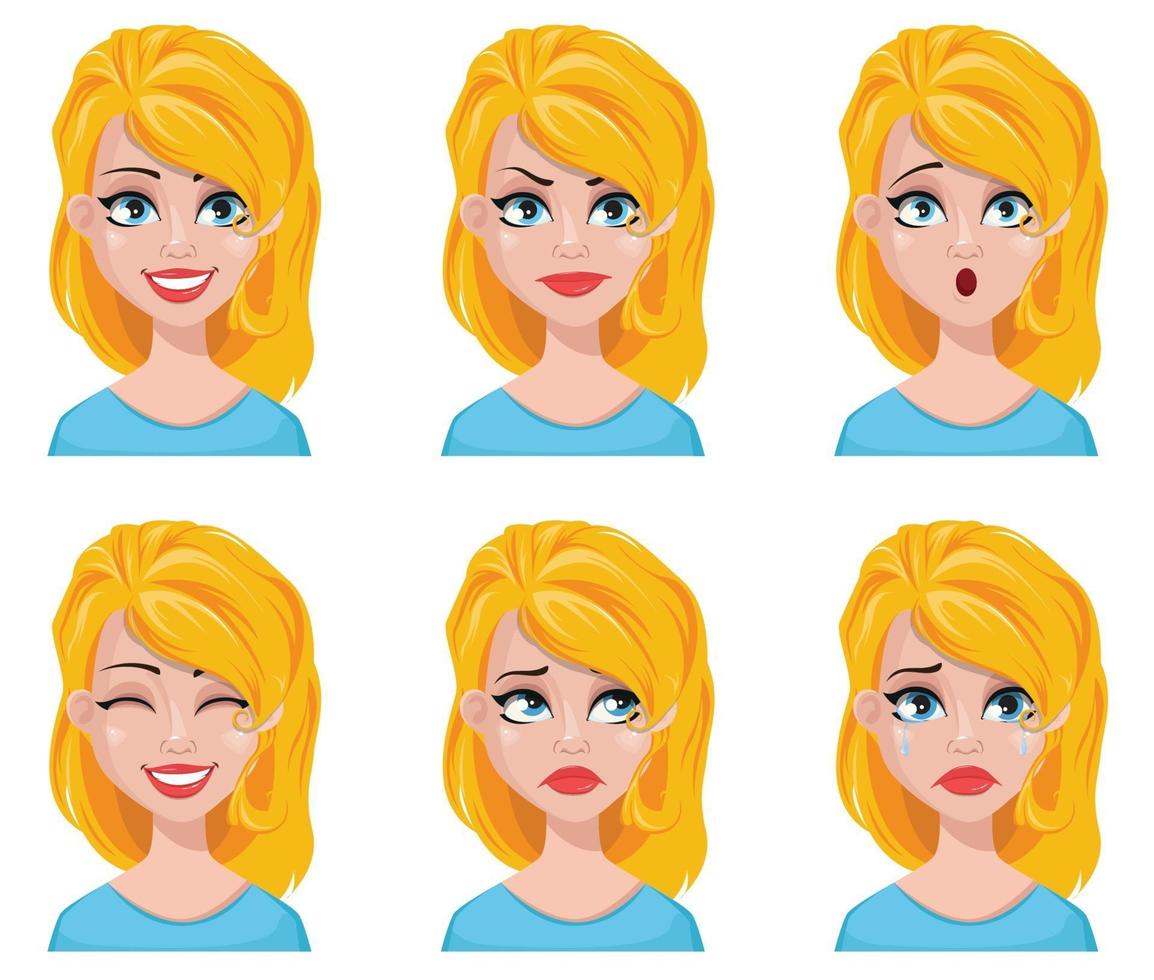 expresiones faciales de linda mujer rubia. vector