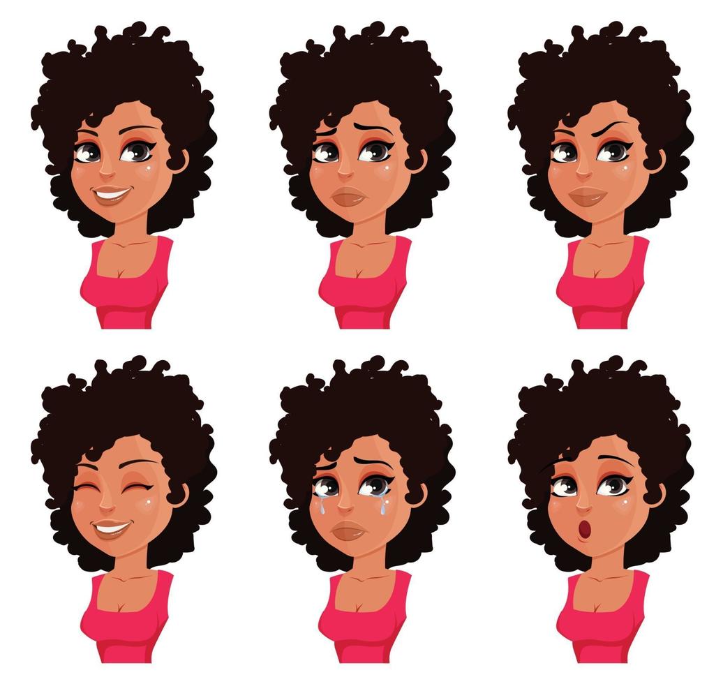expresiones faciales de mujer afroamericana vector