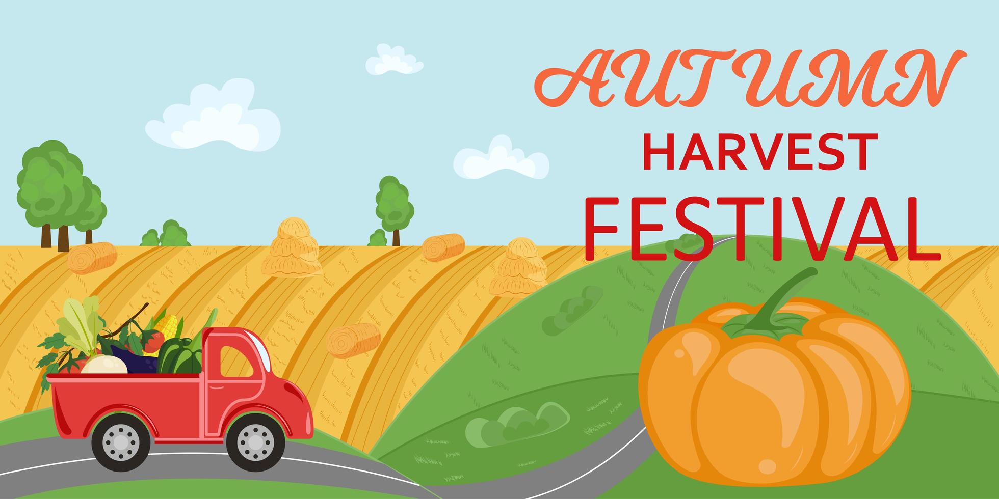 Countryside Panorama with Red Truck and Title Autumn Harvest Festival vector
