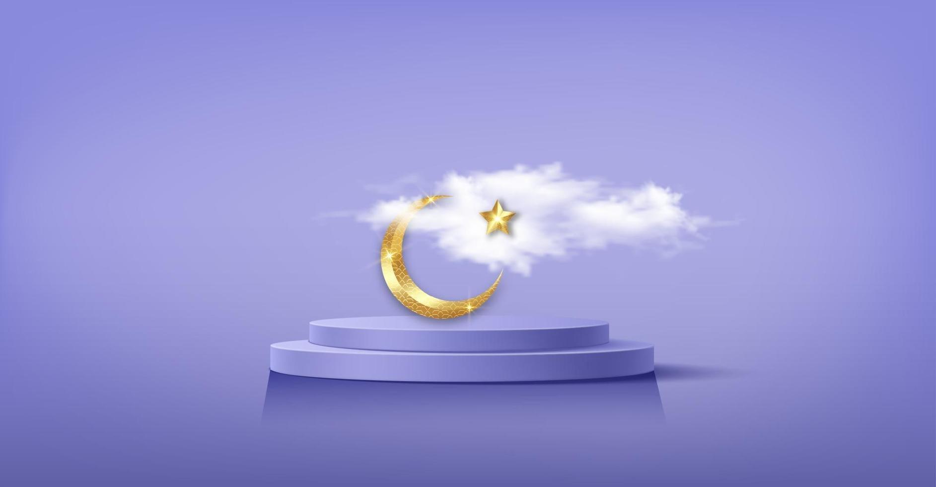 Luxury Islamic Podium with gold crescent moon, 3D islamic symbols vector