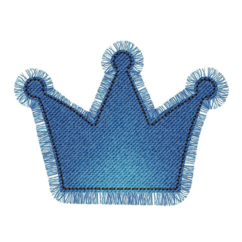 Denim patch in the shape of a crown with fringe. Light blue denim. vector