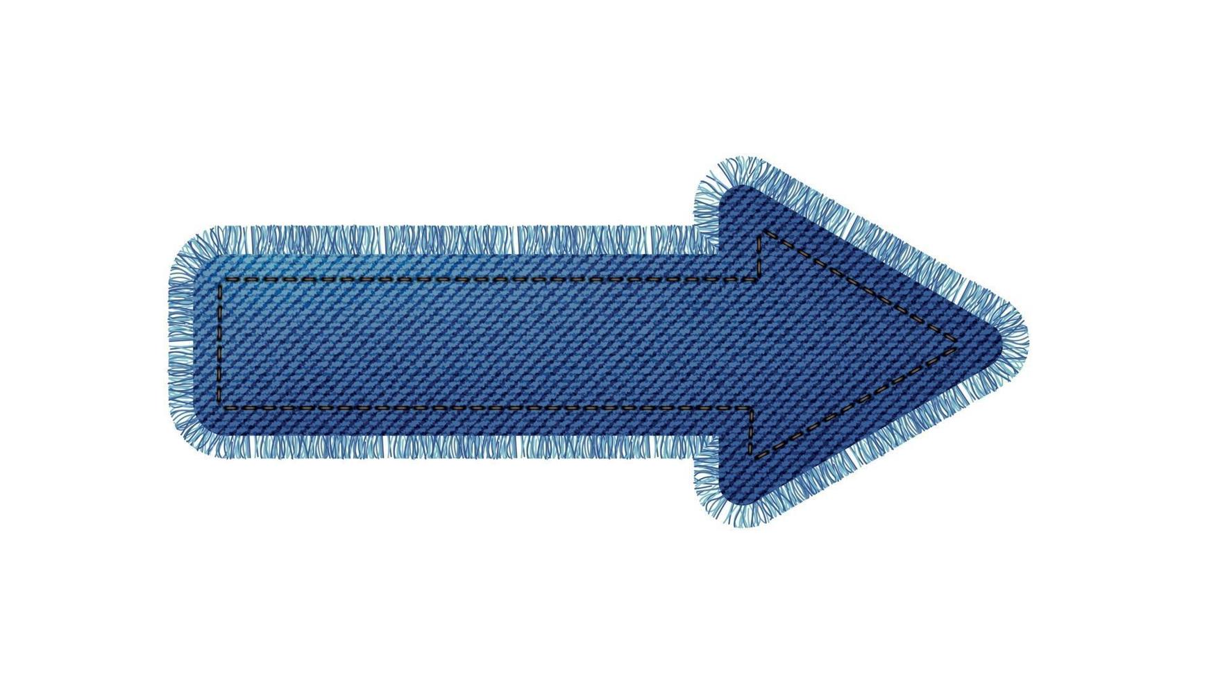 Denim patch in the shape of an arrow with fringe. Light blue denim. vector