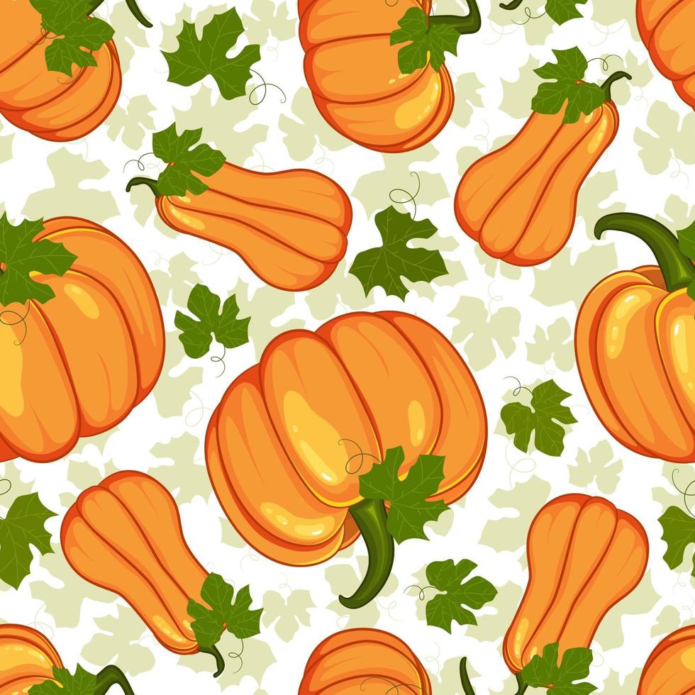 Seamless orange pumpkins with green leaves on white background. vector