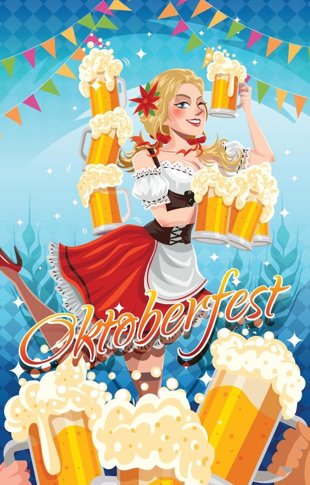 concepto de oktoberfest con chica camarera llevando cervezas vector
