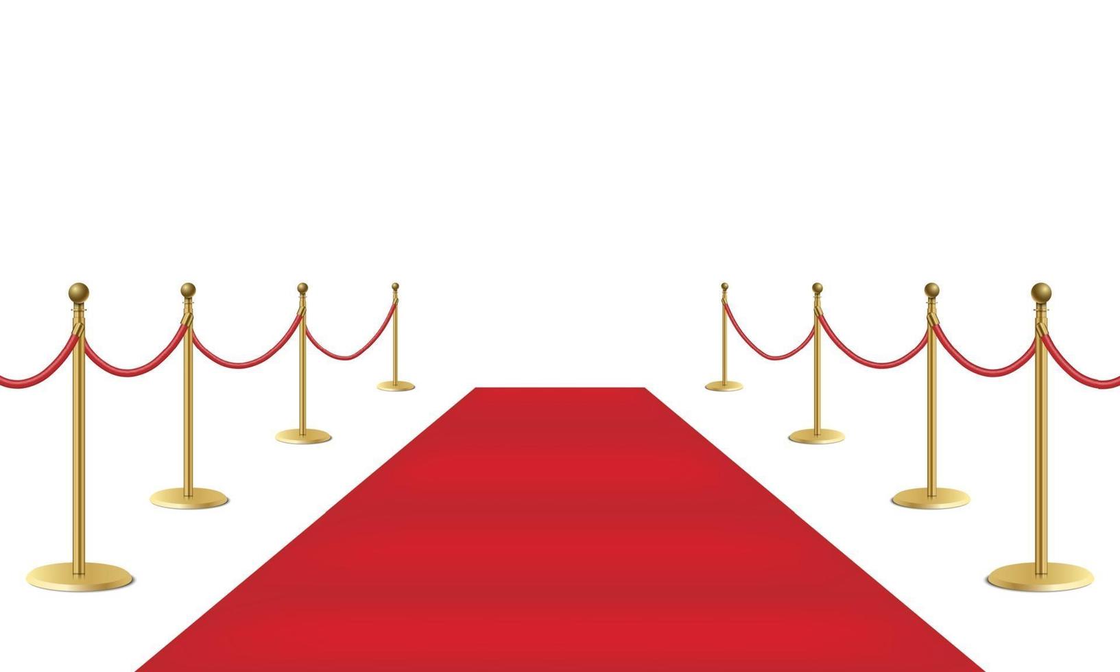 Alfombra roja para eventos y barreras doradas aisladas sobre fondo blanco. vector