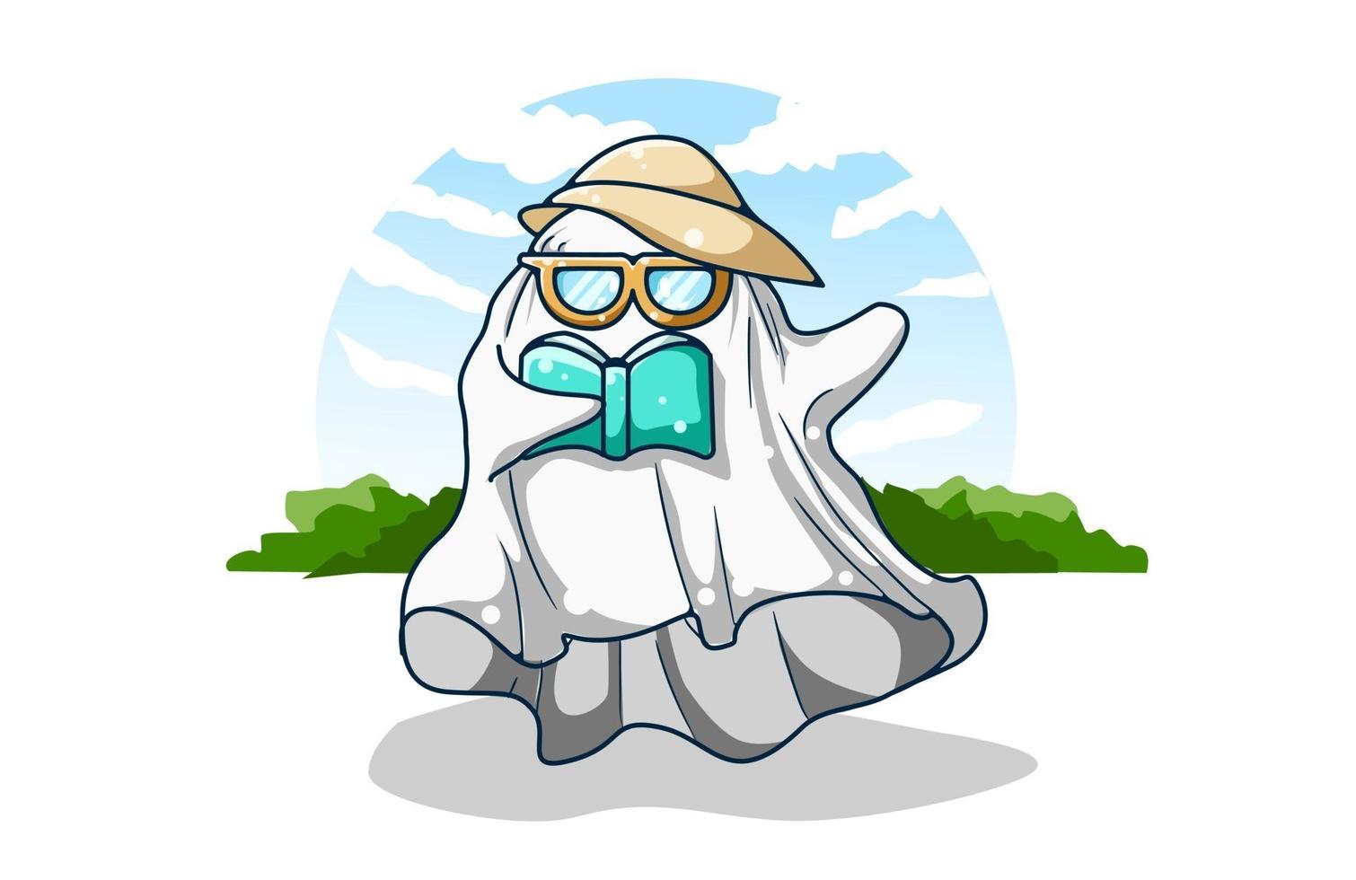 Cute ghost wearing glasses and summer hat reading a book illustration vector