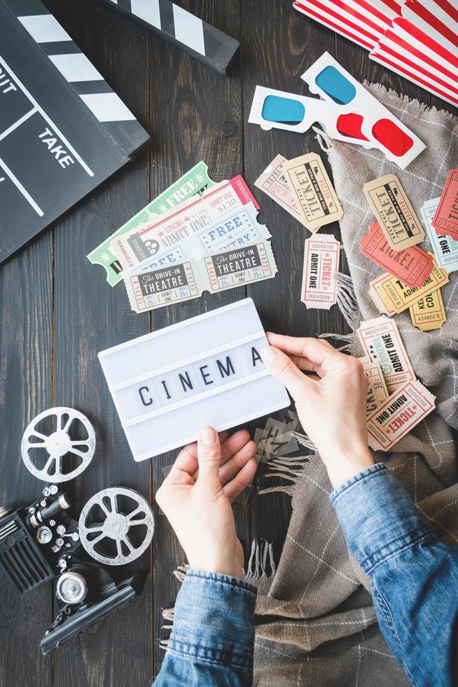 Belorechensk, Russia 2021- Woman's hands holding retro vintage movie tickets photo