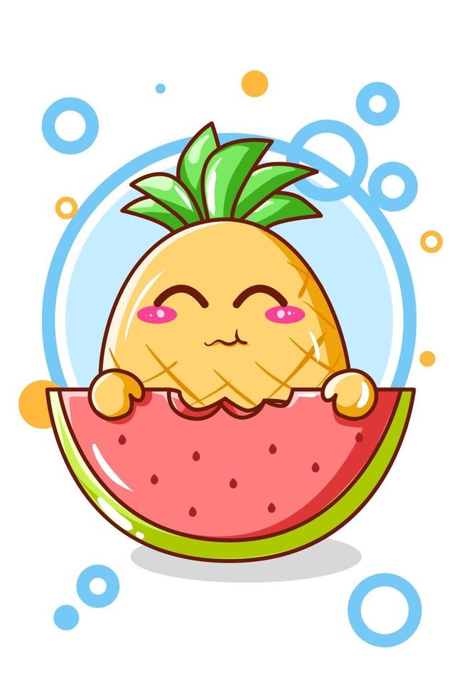 linda piña con sandía en verano ilustración de dibujos animados vector