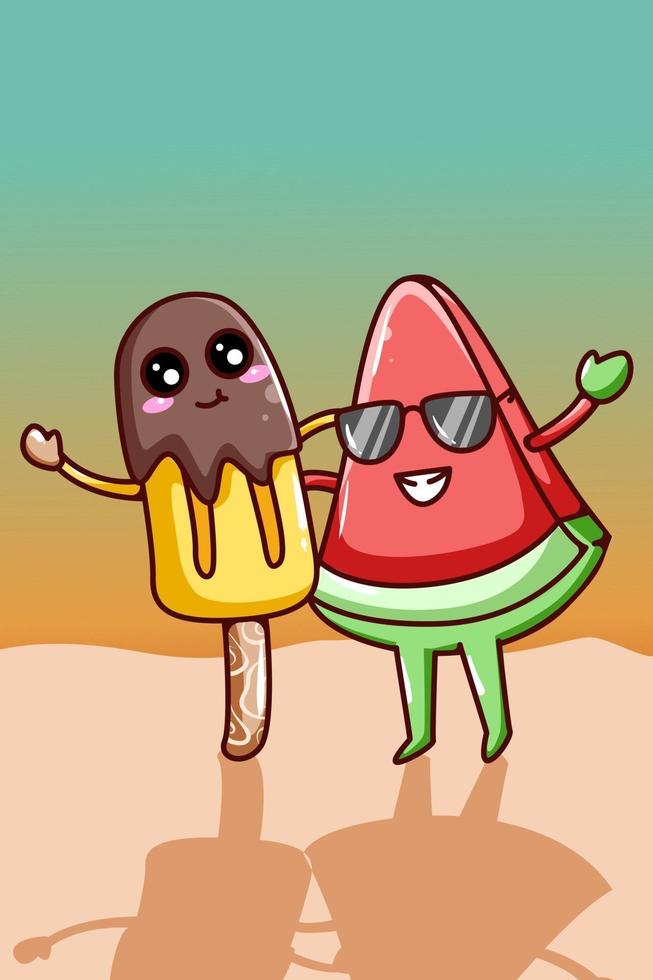 Cute ice cream with cute watermelon in the summer cartoon illustration vector