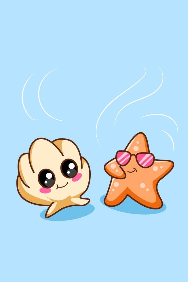 Mockup cute starfish and shell cartoon illustration vector