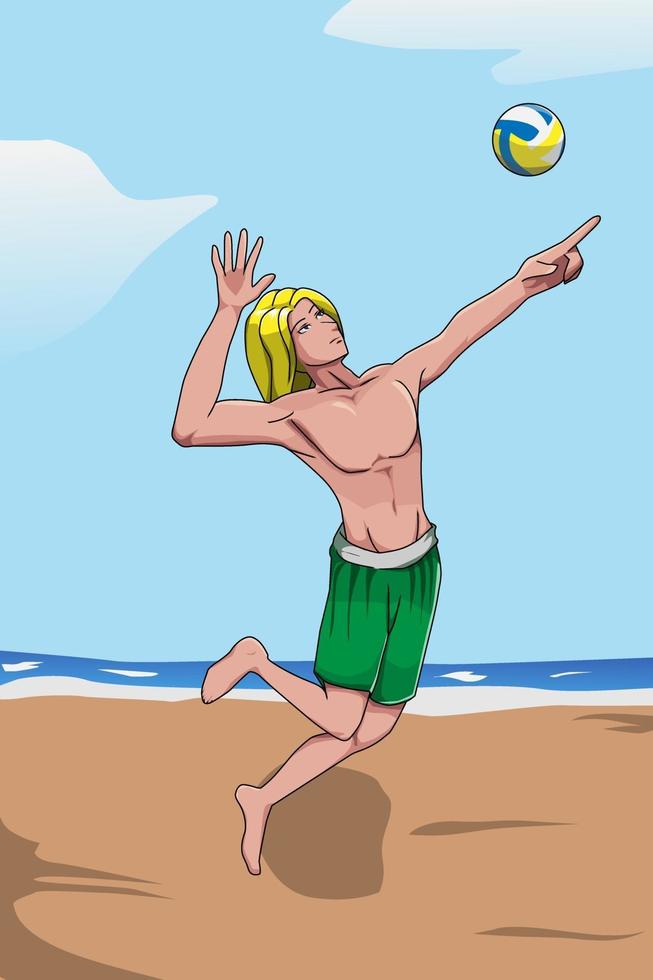 hombre rompiendo voleibol en la playa vector