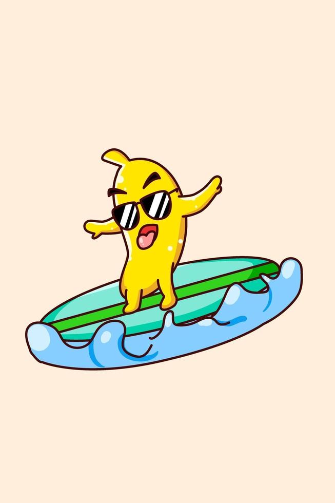 plátano feliz surfeando en el mar en la ilustración de dibujos animados de verano vector