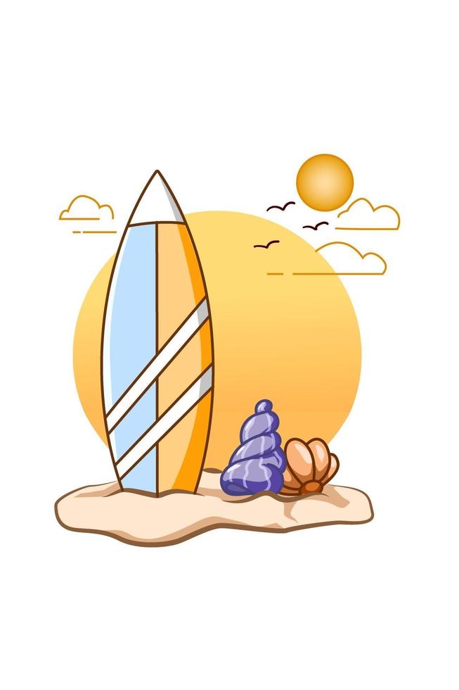 tabla de surf en la playa en verano ilustración de dibujos animados vector