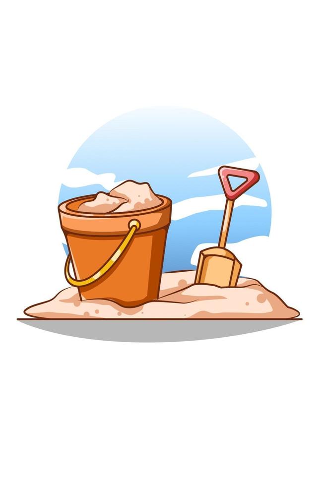 Sand and bucket in beach  in summer cartoon illustration vector