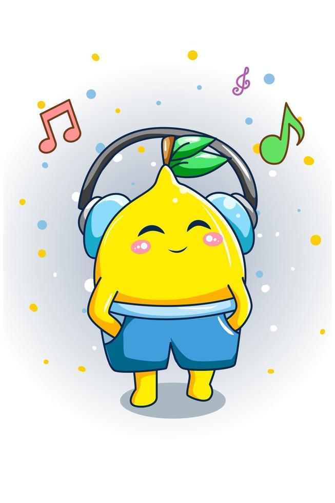 Cute lemon listening music design cartoon illustration vector