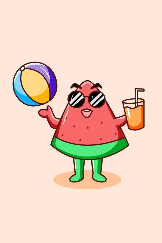 Cute watermelon with orange juice in summer cartoon illustration vector