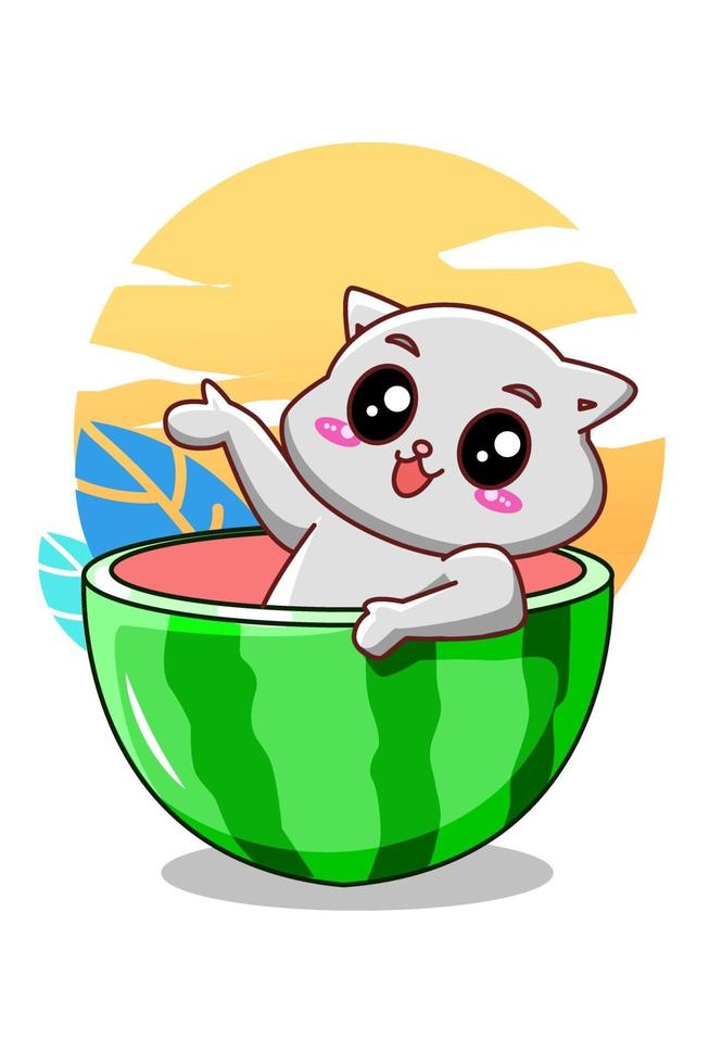 lindo y feliz gato con sandía en la ilustración de dibujos animados de verano vector