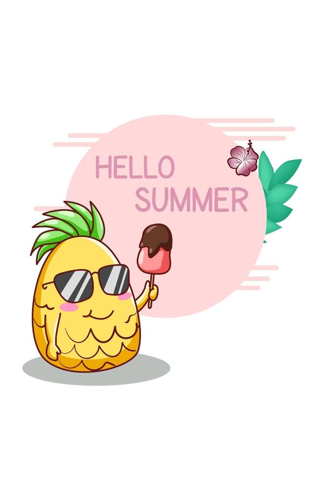 hola verano con dibujos animados de piña linda vector