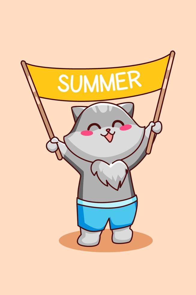 Cute cat happy in summer cartoon illustration vector