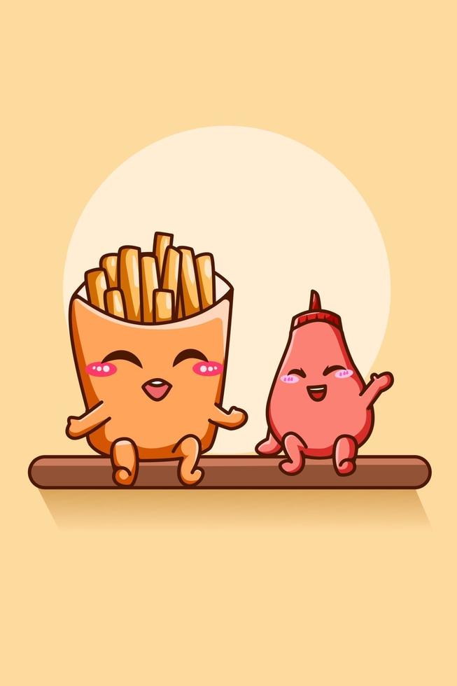 Papas fritas felices y divertidas con ilustración de dibujos animados de salsa picante vector