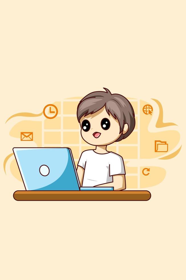 Boy working with laptop business cartoon illustration vector