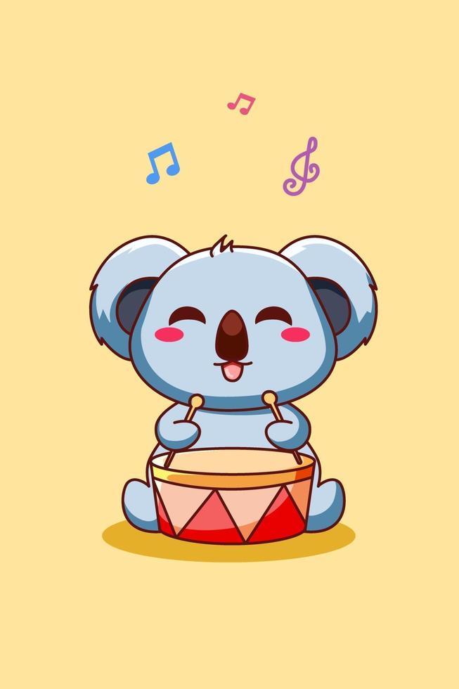 Happy and cute koala playing drum cartoon illustration vector