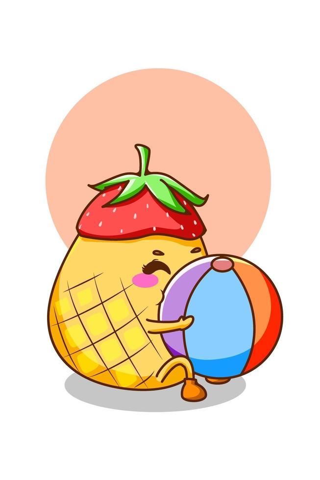 linda piña con bola en la ilustración de dibujos animados de verano vector