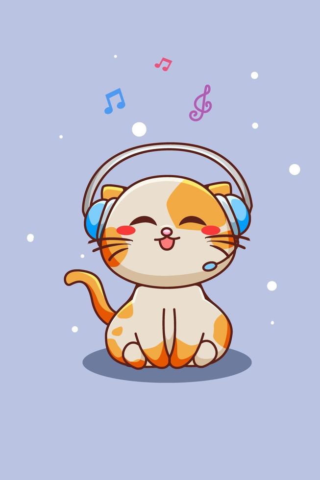 lindo y feliz gato escuchando música con auriculares ilustración de dibujos animados vector