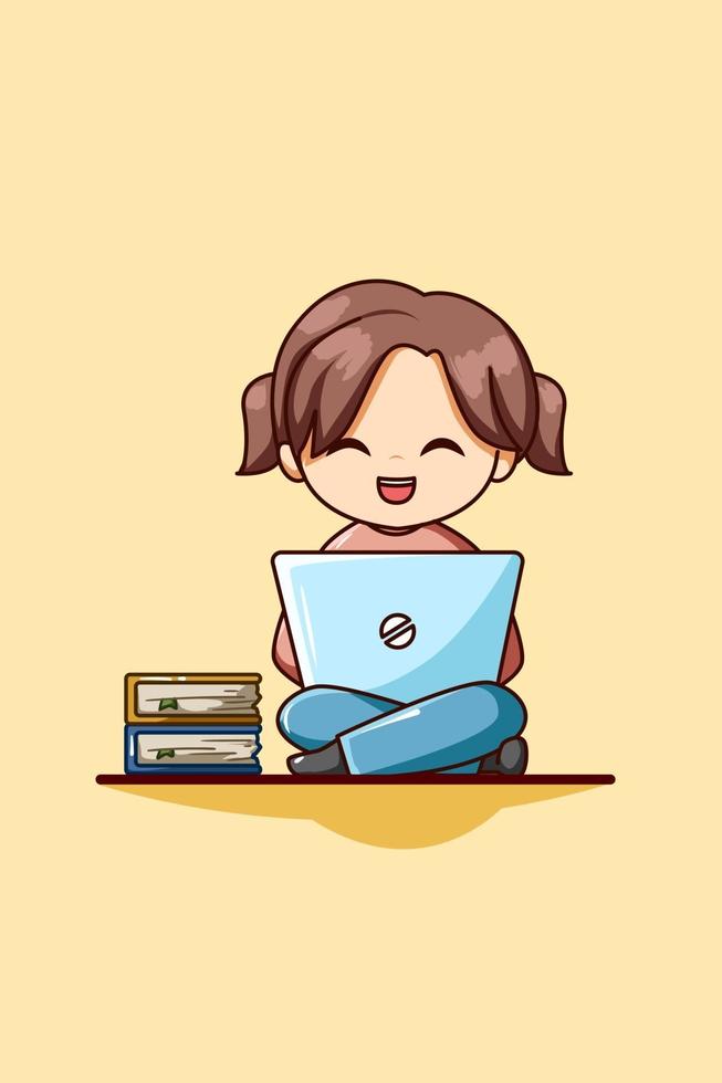 Cute girl with laptop and book cartoon illustration vector